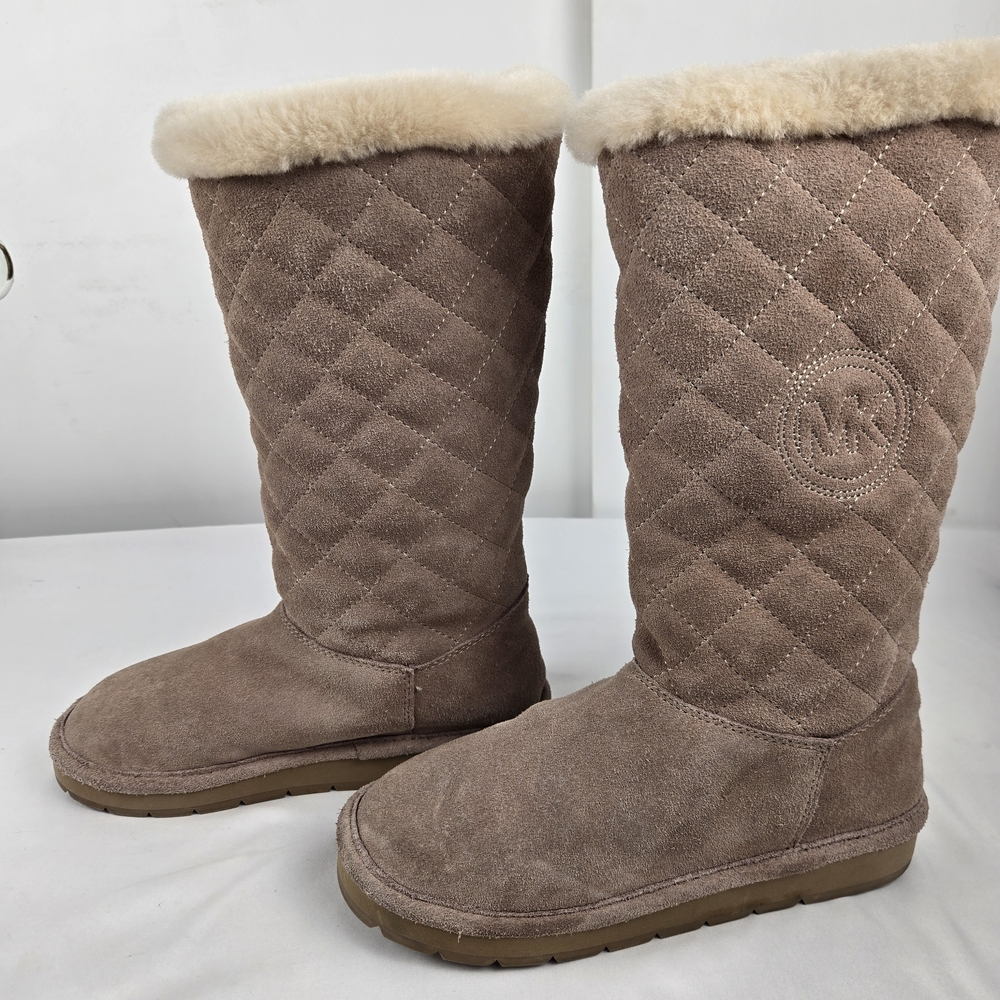 Michael Kors Quilted Suede Shearling-Trim Tall Boot - Taupe 6M - Picture 5 of 12
